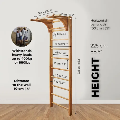 Vista 2 de Barras de Pared Suecas en Escalera para Niños y Adultos, hechas de Madera de Haya Sólida, Resisten Cargas hasta 400 kg, con Barra de Dominada