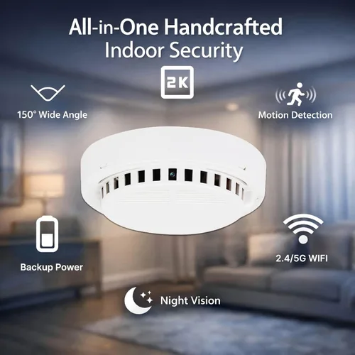 Vista 2 de Cámara con detector de humo 2K hecha a mano, 5000 mAh* 2 con detección de movimiento gran angular de 150°, visión nocturna, control remoto por