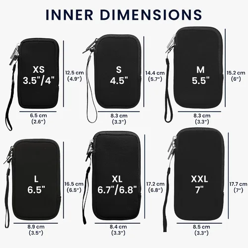 Vista 6 de kwmobile Bolsa de neopreno para teléfono tamaño XXS - 3/3,5 pulgadas - Mini bolsa universal para celular con cremallera, correa para la muñeca