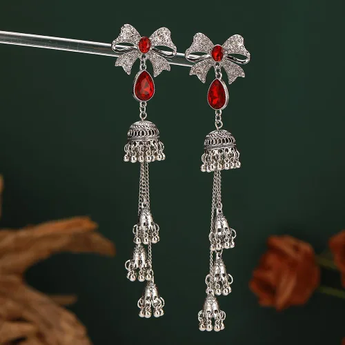 Vista 4 de Aretes de lazo vintage Jhumkas para mujer, bohemios, hechos a mano, étnicos, antiguos, tradicionales, de plata, con lazo, joyería india Jhumki