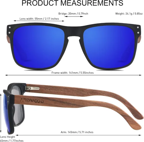 Vista 6 de ANDWOOD Gafas de sol polarizadas para hombre, protección UV, marco de madera, gafas de sol cuadradas de madera