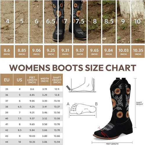 Vista 4 de Botas vaqueras bordadas con girasol para mujer, botas vaqueras con punta cuadrada, botas altas de vaquera para todas las estaciones y ocasiones