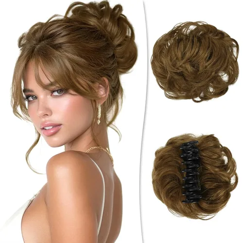 Vista 20 de RUWISS Extensiones de cabello humano real, ondulado y rizado, moño despeinado, cola de caballo para mujer (12H24# castaño rojo/rubio mediano)