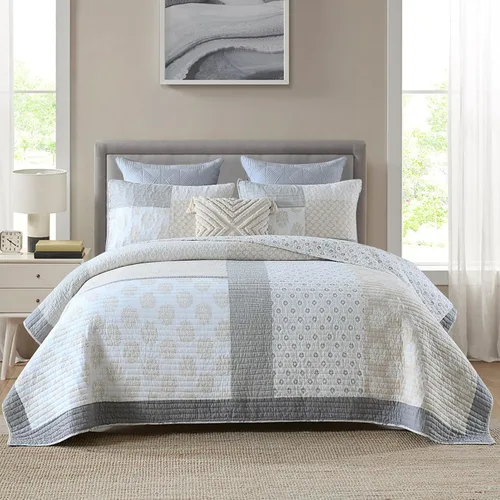Vista 13 de Y-PLWOMEN - Juego de cama Queen con edredón/cubrecama de algodón 100% ligera, reversible, floral, rústico, para todas las estaciones Azul/Blanco/Gris