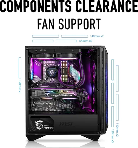 Vista 2 de MSI MPG GUNGNIR 111R Chasis de PC Gaming Mid Tower - Negro, 4 ventiladores ARGB de 120mm, USB 3.2 Gen2x2 Tipo-C, Panel de Vidrio Templado, Filtro