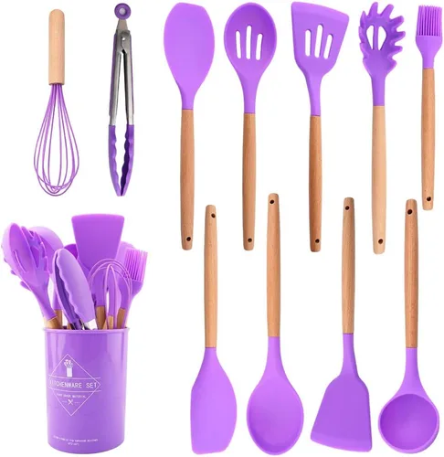 Vista 11 de Juego de utensilios de cocina de silicona negra con soporte de cubo de almacenamiento, mango de madera antiadherente, utensilios de cocina