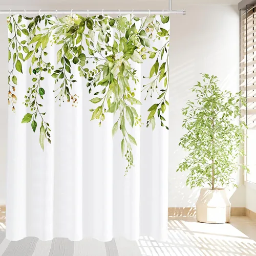Vista 11 de Tititex - Juego de cortinas de ducha de eucalipto negro, hojas de acuarela gris en la parte superior, con decoración floral de baño, 60 x 72