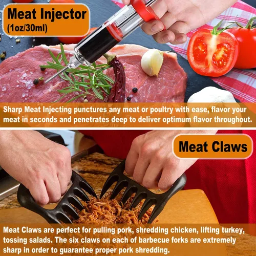 Vista 4 de POLIGO 28 accesorios para asar en bolsa con inyector de carne, garras de barbacoa, esteras, termómetro para ahumador, juego de utensilios de Negro