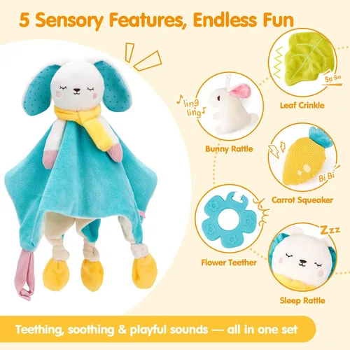 Vista 4 de hahaland Manta de seguridad Baby Lovey, juguete sensorial colgante de felpa con mordedor, sonajero y arruga para bebés de 0 a 3 a 6 a 12 meses