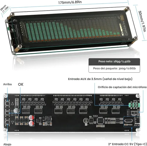 Vista 7 de Nobsound AK2515 Pro - Analizador de espectro de audio con pantalla VFD, entrada de micrófono y AGC avanzado, medidor de nivel de sonido preciso
