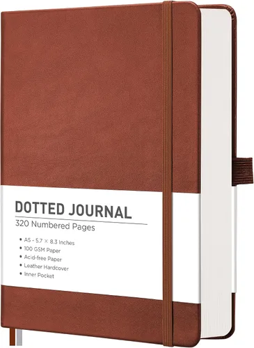 Vista 12 de RETTACY Cuaderno Diario Punteado, 320 Páginas Numeradas, Tamaño A5 Mediano (5.7" × 8.3"), Tapa Dura de Cuero, Papel Grueso de 100 GSM, para Diario