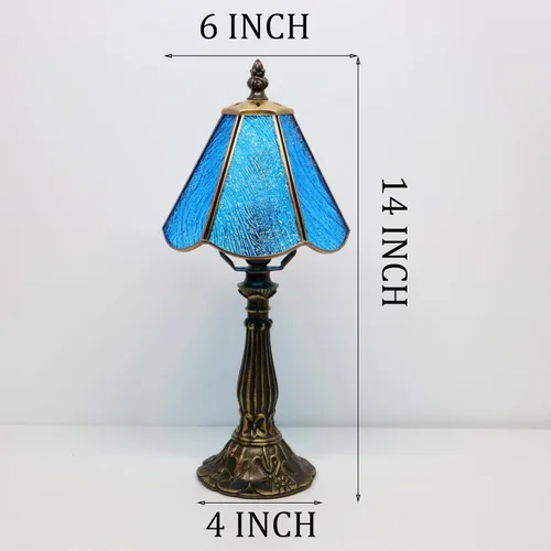 Vista 2 de Tiffany Style Table Lamp Blue Rippled Stained Glass Lamp 14 Inch Small Lamp,Desk Lamps,6X6X14 Inch,Bronze Resin Base, Antique Lamp,Mini Accent