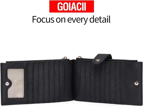 Vista 4 de GOIACII - Carteras para mujer de dos pliegues con bloqueo RFID y 2 bolsillos con cremallera, Negro, M