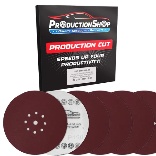 Vista 8 de ProductionShop Discos de lijado de grano 60 con patrón rojo de 9 agujeros de 9 pulgadas, caja de 20 – Papel de lija sin polvo con respaldo de gancho