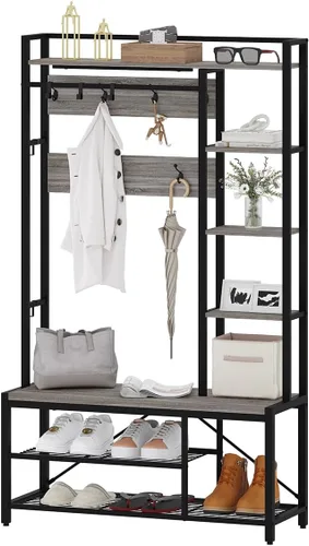 Vista 9 de BON AUGURE Árbol de pasillo con banco y almacenamiento para zapatos, banco de entrada con perchero, árbol de abrigos de madera y metal con ganchos
