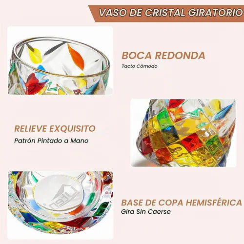 Vista 4 de Vaso de vidrio antiguo giratorio, 275ml/10oz Juego de vasos de whisky de cristal de 2 piezas, posavasos de madera, engrosamiento, utilizado como