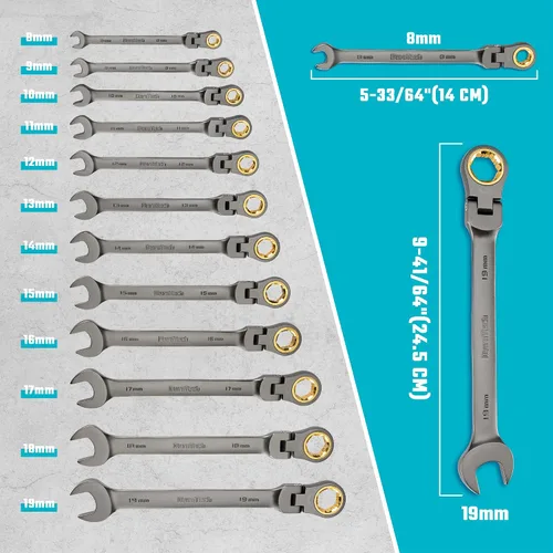 Vista 5 de DURATECH juego de llaves de trinquete con cabezal flexible antideslizante, juego de llaves combinadas, 12 piezas, 72 dientes, métricas, 8-19 mm