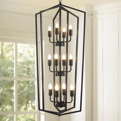 Vista 17 de WJShome Lámpara Colgante de Linterna de 12 Luces, Candelabros de Vestíbulo para Techos Altos, para Entrada, Vestíbulo, Isla de Cocina, Comedor, Sala