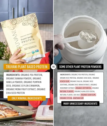 Vista 5 de Truvani Proteína en polvo de guisante vegana Banana Canela 20g de proteína vegetal orgánica 20 porciones Keto Sin gluten ni lácteos Bajo
