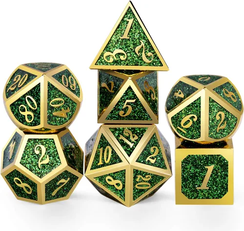 Vista 43 de DNDND - Dados de diseño antiguo, 7 dados de metal de latón con caja de metal para juegos de mesa como Dungeons and Dragons