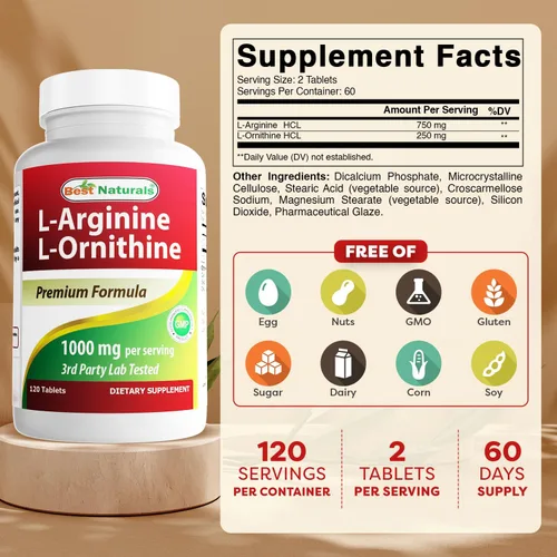 Vista 2 de Best Naturals L-Arginina L-Ornitina - 1000 mg por porción - 120 tabletas - Sin OMG y sin gluten (120 unidades (paquete de 1))
