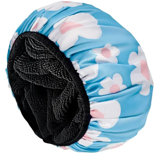 Vista 15 de Aquior Gorro de ducha con forro de rizo para mujer, reutilizable, triple capa impermeable, extra grande para mujeres de pelo largo (negro)