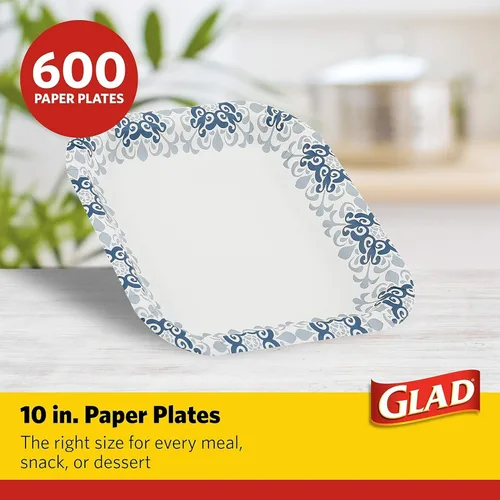 Vista 2 de Glad Platos cuadrados de papel resistentes, a prueba de remojo y resistentes a los cortes, patrón victoriano azul, vajilla desechable