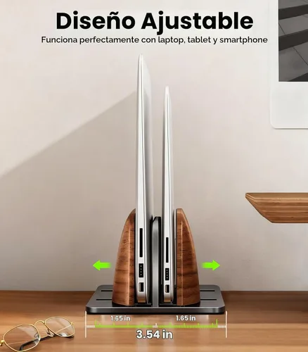Vista 3 de LOXP Soporte vertical para laptop, [doble ranura de madera + soporte de aluminio para portátil], soporte ajustable para MacBook de escritorio, base