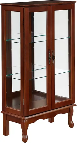 Vista 4 de Gabinete Curio iluminado con estantes ajustables y panel trasero con espejo, gabinete de cristal de pie moderno de 3 niveles, puertas de vidrio