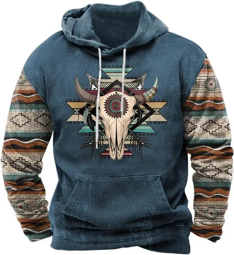 Vista 10 de HOTYD Western Cowboy Hooded Sweatshirt Vintage Aztec Pullover Men Casual Long Sleeve Drawstring Hoodies with Pocket