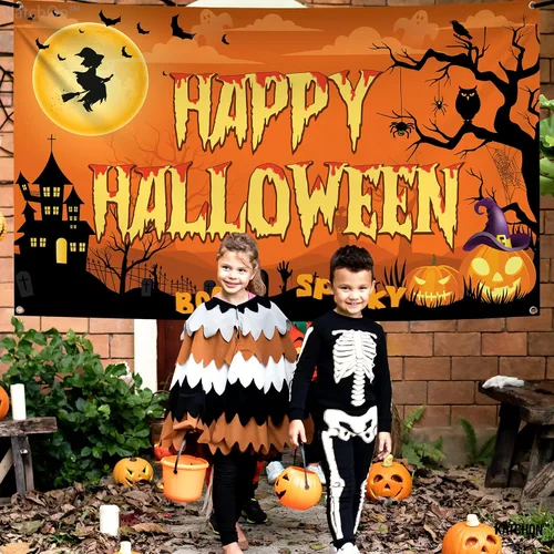 Vista 7 de KatchOn Pancarta espeluznante de Feliz Halloween, extragrande, 72 x 44 pulgadas, telón de fondo naranja de fotos de Halloween para decoraciones