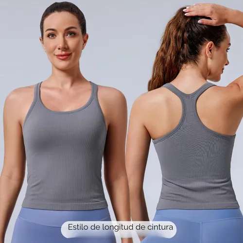 Vista 2 de Women's Workout Tank Tops, with Built in Bra Racerback Seamless Crop Tops Negro Blanco Gris 3 Pack