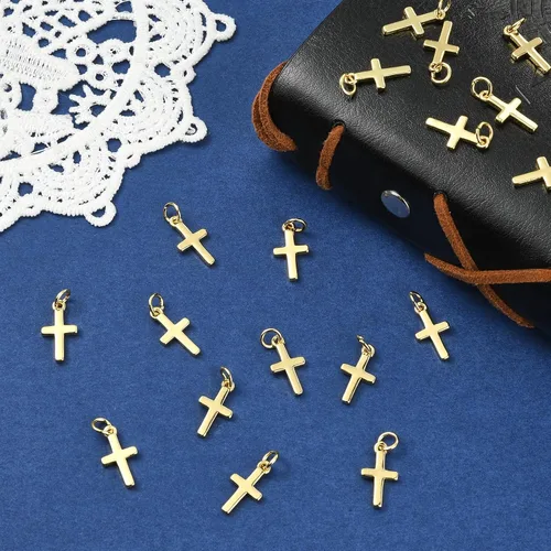 Vista 4 de Dijes de cruz para hacer joyas, chapado en oro real de 18 quilates, dijes de religión para pulseras, collares y aretes