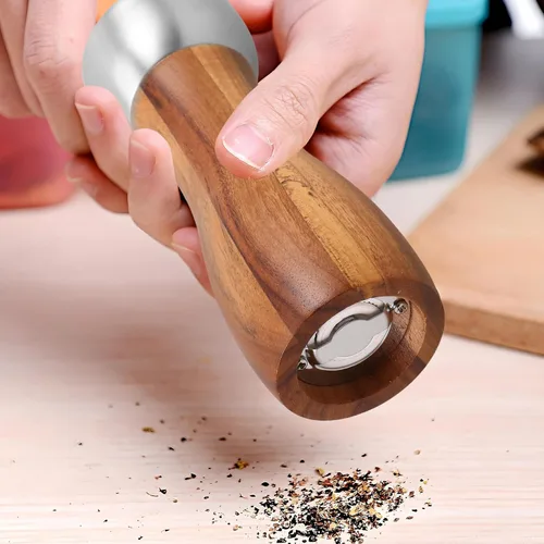 Vista 5 de Manual Wooden Pepper and Salt Grinder 6-inch Stainless Steel Head Ceramic Core Hand Crank Mill for Kitchen Cooking and Table Use