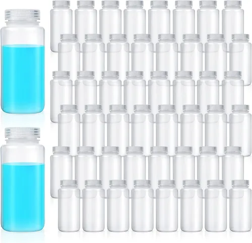 Vista 7 de Hoolerry 20 piezas 2 oz 60 ml botellas de muestra de plástico de grado laboratorio de polipropileno de boca ancha botellas de reactivo con tapas