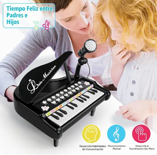 Vista 7 de Piano de juguete de 24 teclas para niños, instrumento musical elctrónico educativo con micrófono Negro