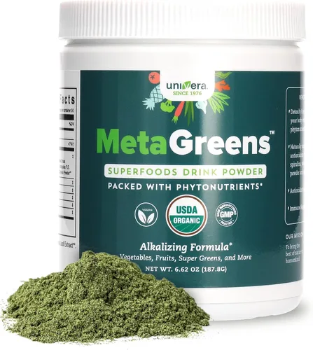 Vista 2 de Univera Metagreens, polvo de mezcla de superalimentos verdes, mezcla de batidos con espirulina orgánica, antioxidantes vitales, alcalinizar