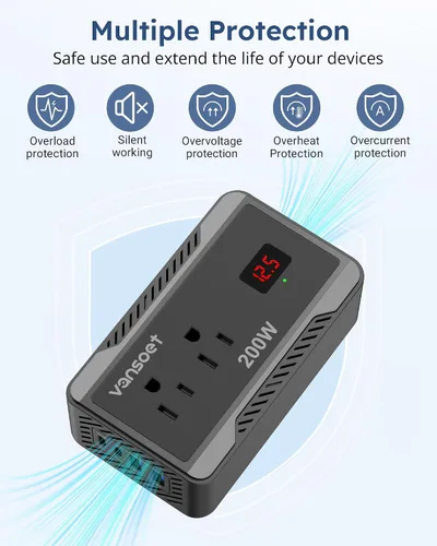 Vista 6 de Inversor de corriente de 200W para automóvil, DC 12V a 110V AC, convertidor con [PD 30W y 15W] USB C de carga rápida/3.0A, puertos de carga USB