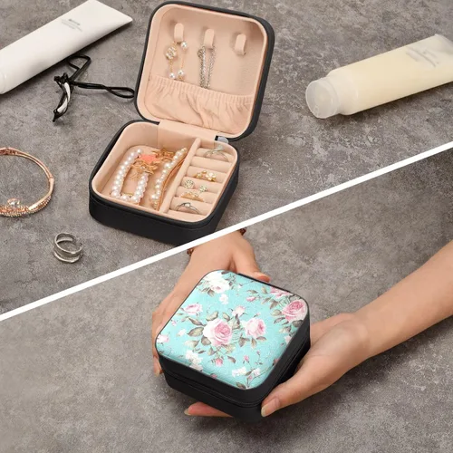 Vista 8 de GUIJI Blue Background Rose PU Leather Jewelry Organizer, Portable Small Jewelry Box Travel Jewelry Case Earrings Necklace Bracelet Rings for Women