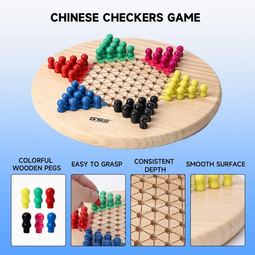 Vista 4 de GSE Games & Sports Expert Juego de mesa 2 en 1 de madera natural de 11.5 pulgadas con 66 clavijas y piedras de madera colorida, juego de estrategia