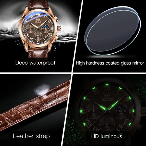 Vista 5 de OLEVS Relojes para hombre, correa de cuero, reloj analógico de cuarzo, reloj impermeable con esfera grande de moda, relojes luminosos de lujo