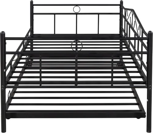 Vista 5 de Sofá cama de marco metálico de tamaño individual con ruedas extraíbles, soporte de sofá cama de listones de acero resistente para invitados, sofá