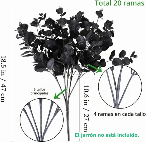 Vista 2 de GREENTIME Paquete de 2 tallos de eucalipto negro con 20 ramas de 18.5 pulgadas, ramo de flores artificiales para jarrón, decoración de mesa de boda