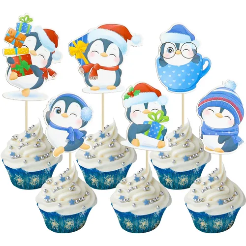 Vista 33 de Gyufise 24 piezas Adornos de pastel para revelación de género de Navidad con purpurina, sombrero navideño de Navidad, adorno de pastel de él o ella