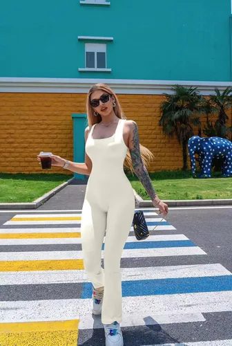 Vista 5 de OQQ Monos de yoga para mujer, acanalados, sin mangas, para entrenamiento, con parte inferior acampanada, overoles acampanados