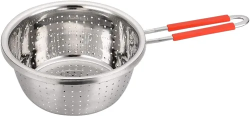 Vista 9 de Colador Profundo de Acero Inoxidable Microperforado de 2.5 Quart, Colador de Alimentos de Metal con Asas de Silicona Verde para Drenar Pasta