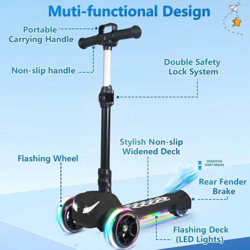 Vista 5 de Electric Scooter for Kids Ages 3-12, 3 Adjustable Heights, 5MPH Safe Speed Negro