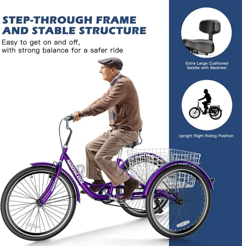 Vista 4 de Triciclos para adultos de 7 velocidades, bicicletas de 3 ruedas de 24/26 pulgadas, bicicletas de tres ruedas de crucero con canasta grande