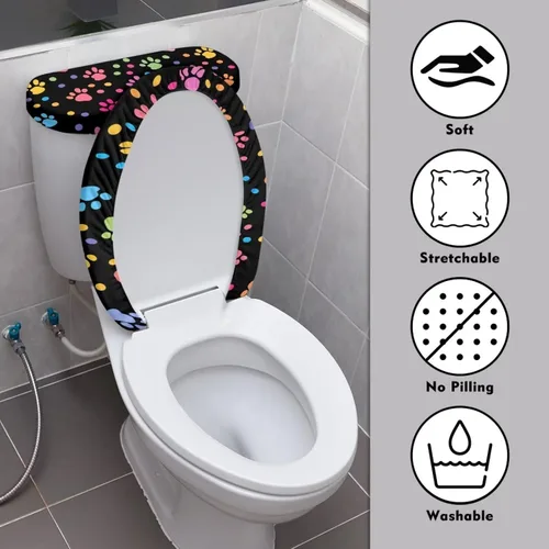 Vista 3 de Flashideas Juego de cubierta para tanque y tapa de inodoro con estampados de patas de perro coloridas - Elástico, se adapta a la mayoría de tanques