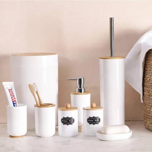 Vista 7 de Fixwal Accesorios de baño de bambú, juego de accesorios de baño de 8 piezas con basura, soporte para cepillo de dientes, dispensador de jabón